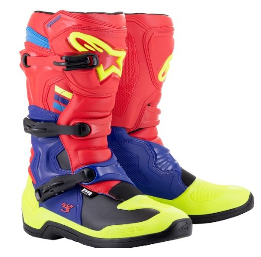 Bota Alpinestars Tech 3 - Vermelho Azul Escuro Amarelo Fluo
